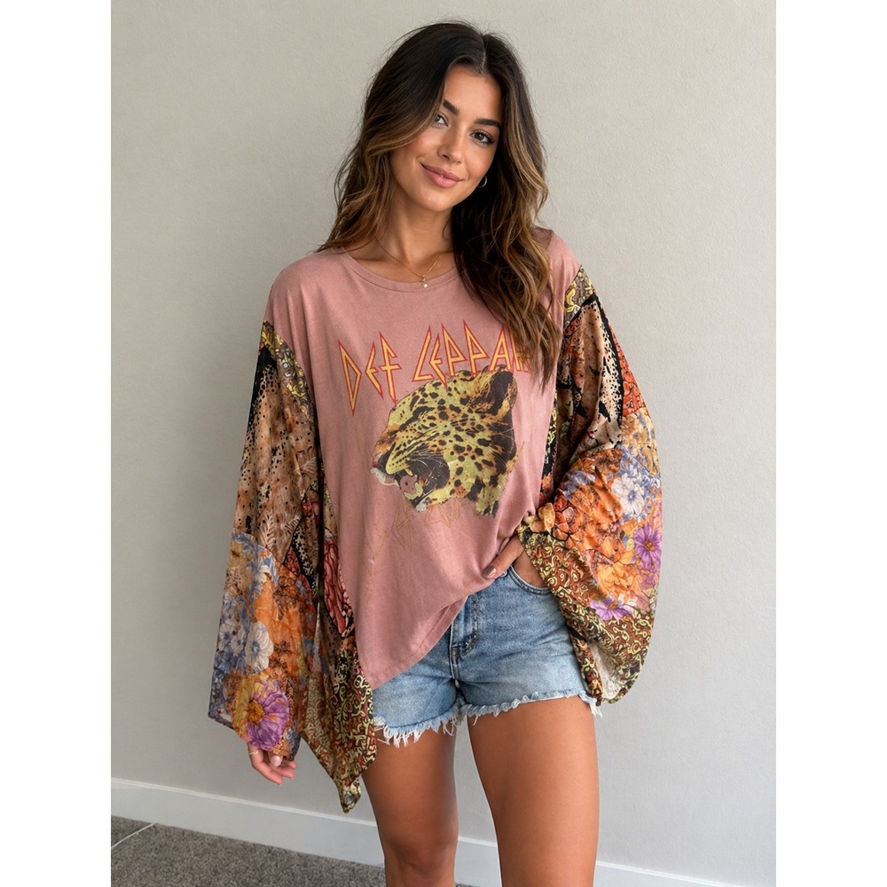 Custom Upcycled Def Leppard Graphic Tee Mixed Print Kimono Sleeve Boho Top Pink